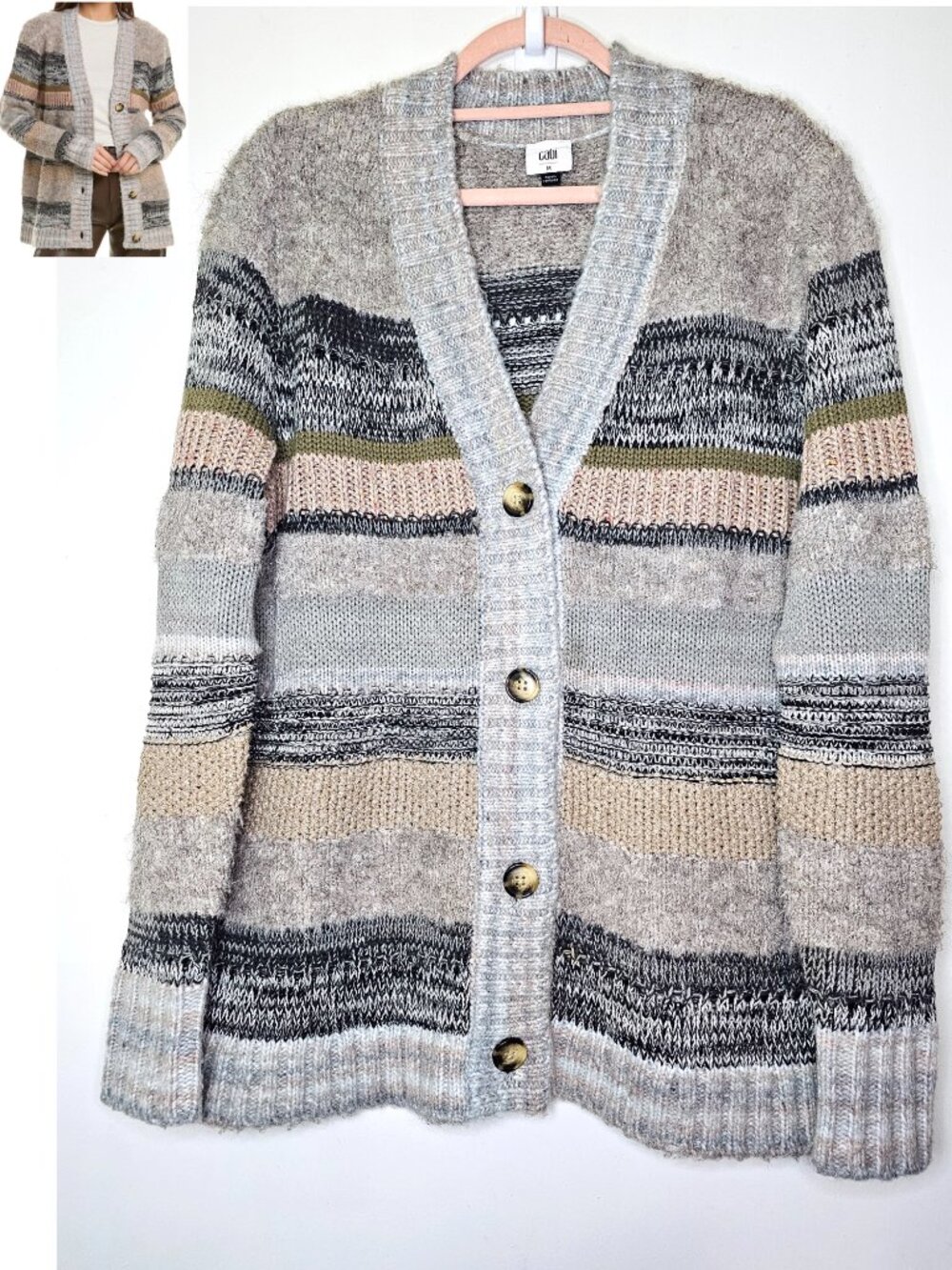 Cabi 4471 Multicolor Boyfriend Cardigan Button Up Textured Knit Sweater M Stripe